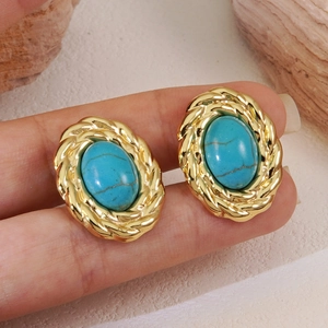 Vintage gold oval stud earrings with sky blue stone and woven texture border