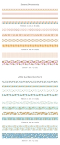 Detailed patterns of floral and geometric washi tapes in 10mm, 15mm, and 30mm widths