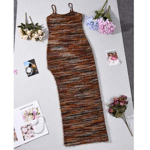 Close-up of multicolor knit strap dress with textured stripes and side slit detail