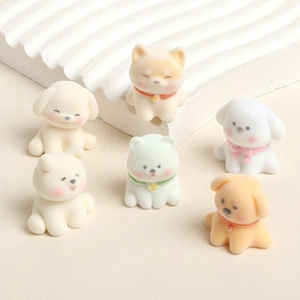 Set of 6 cute flocked resin dog figurines in white and beige for DIY craft decoration