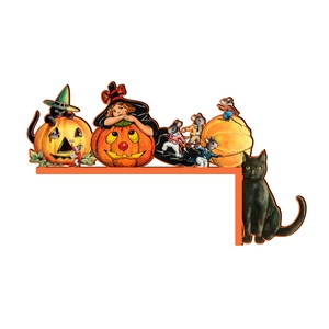 Detail of Halloween wooden door corner decor featuring pumpkins, witch and black cats