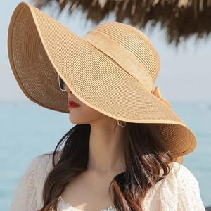 Women Large Wide Brim Straw Sun Hat Foldable Breathable Summer Beach Travel Vacation Elegant Bow Knot Ladies Accessory