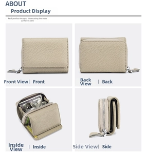 Detail view of beige genuine leather wallet with RFID blocking and multiple card slots