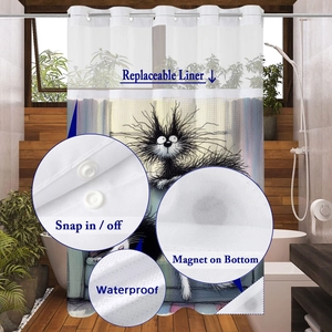 Detail of snap-in replaceable liner and magnetic bottom of waterproof cat print shower curtain