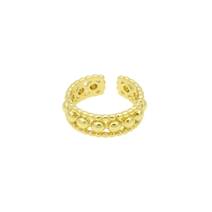Detail of 18k gold plated open ring with beaded design and hollow inner pattern