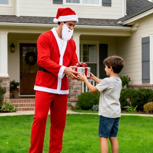 5-piece Santa Claus costume for men including red suit, hat, belt and beard in a festive garden