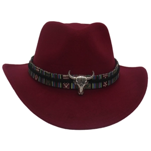 Western wine red felt cowboy hat with ethnic band and silver bull skull ornament