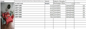 Size chart for red gold-stamped Christmas tablecloth featuring wind chime patterns