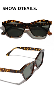 Detail view of tortoiseshell cat-eye sunglasses with polished frames and CE marking
