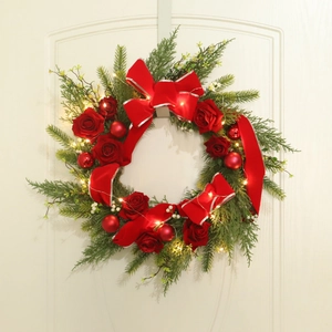 Christmas Wreath For Front Door Red Rose Satin Ribbon Large Bow Green Pine Needle Ball Festive Home Living Room Decor