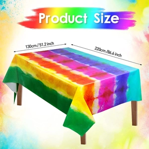 Size specifications for rainbow cloud tablecloth showing 130x220cm dimensions on wood desk