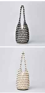 Handcrafted wooden bead woven bucket bag featuring drawstring liner detail view
