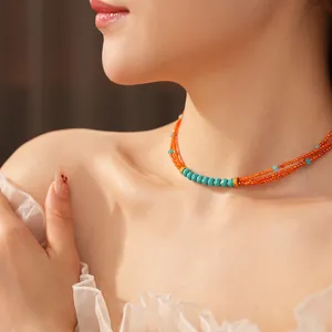 Vintage double-layer beaded necklace with orange coral and turquoise stones for women