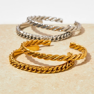 Polished stainless steel twisted rope and Cuban link open bangles in gold and silver