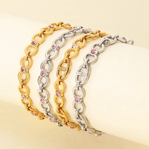 Stainless Steel Pink Zircon Bracelet Elegant Women Pig Nose Chain Link Hip Hop Minimalist Jewelry Gift