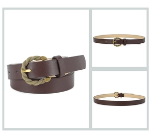 Detail of dark brown leather belt featuring a golden woven horseshoe buckle on white backdrop