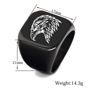 Detail view of the black stainless steel eagle ring showing 17mm width and 14.3g weight