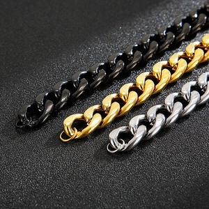 Three-piece Cuban link chain bracelet set in black, gold, and silver stainless steel finishes