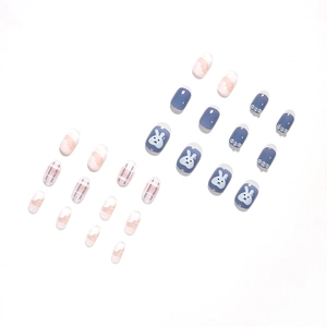 Cute cartoon rabbit press-on nails set with grey-blue and pink pearls and cloud designs