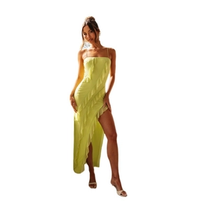 Chic robe d'été dos nu vert citron avec fente à volants et fines bretelles spaghetti