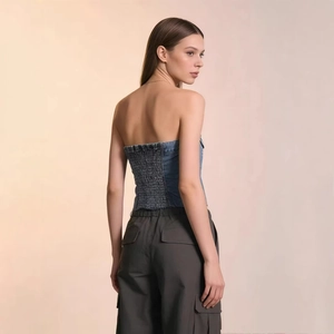 Sexy denim tube top with elastic ruched back and grey cargo pants back view