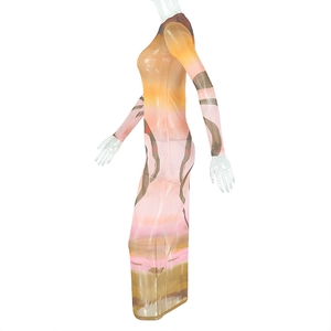 Close-up of slim fit long sleeve dress with colorful gradient abstract print and mock neck