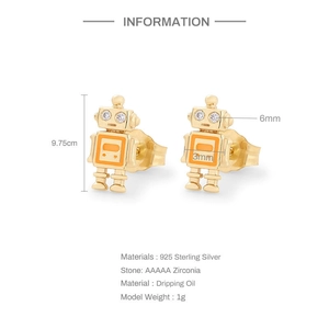 Technical drawing of 925 silver robot stud earrings with orange oil and zircon details