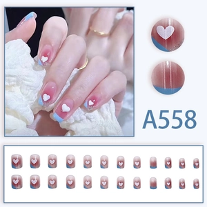 Pink gradient press-on nails with 3D white heart charms and French blue tips 24pcs set