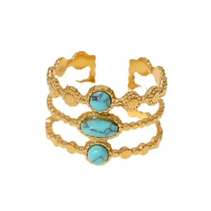 Retro triple-layered golden stainless steel open ring with three turquoise stones