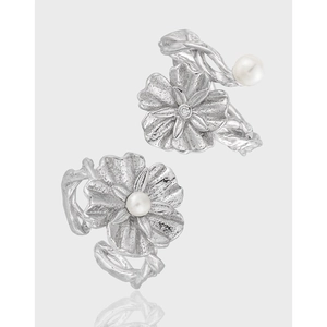 Flower Artificial Pearl Open Ring Adjustable 925 Sterling Silver Branch Vine Design Elegant Aesthetic Jewelry For Women