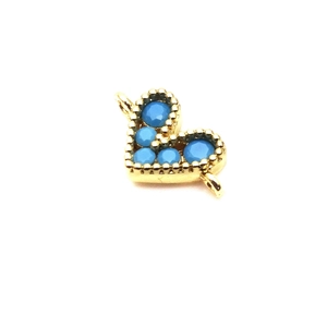 Golden heart charm connector with blue zircon stones for DIY jewelry making