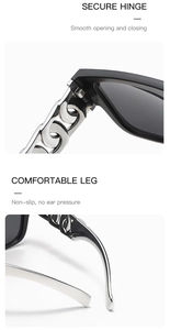 Detail of secure metal hinges and comfortable chain-style temples on black sunglasses