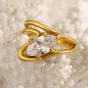 18K gold plated double-layer stainless steel ring with marquise cut clear crystal