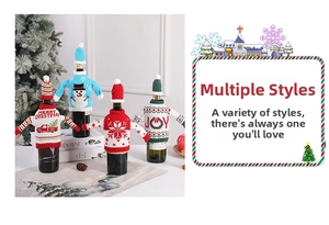 Detailed view of knitted Christmas wine bottle covers featuring snowman and JOY patterns