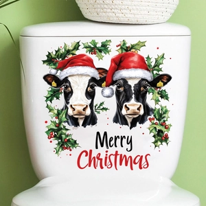 Christmas cow toilet decal with Merry Christmas text on white ceramic tank decoration
