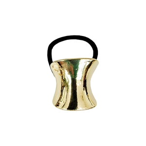 Minimalist gold metal hair tie with polished tube buckle and elastic black rubber band