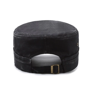 Classic black washed cotton flat top military cap with adjustable bronze metal buckle