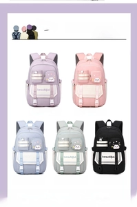 Close-up of lightweight student backpacks in purple, pink, blue, green, and black colors