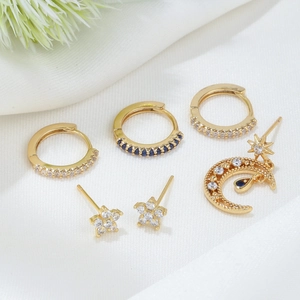 6-piece gold-tone star and moon earring set with blue zircon teardrop charms