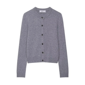 Classic grey crewneck long sleeve button-up knit cardigan with ribbed cuffs and hem