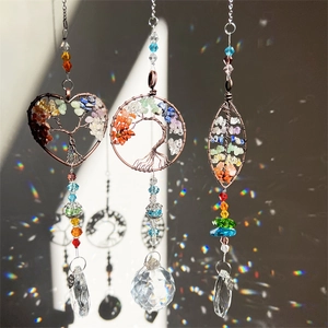 Three-piece Tree of Life crystal suncatchers with heart and round stone charms
