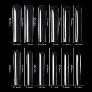 Extra long clear coffin false nails size chart showing 12 different sizes on black background
