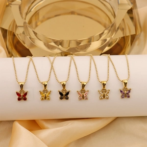 Titanium steel butterfly necklace set in 18K gold with colorful zircon pendants