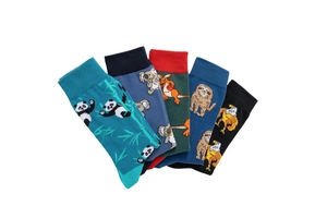 Detail of five cotton socks featuring animal patterns like panda, koala and sloth