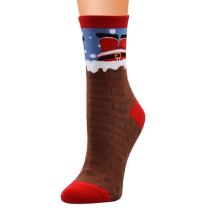 Christmas cotton mid-calf socks featuring Santa Claus and snowflake patterns on red base