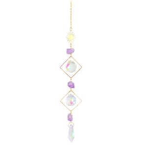 Crystal Suncatcher Wind Chime Hanging Ornament With Natural Purple Stone Prism Rainbow Maker For Garden Home Decor Bohemian Sun Moon