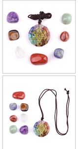 Detail of octagon resin chakra pendant with sacred geometry and seven crystal tumble stones