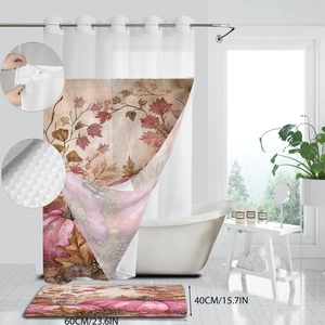 Waterproof double-layer shower curtain and bath mat set with autumn pumpkin design