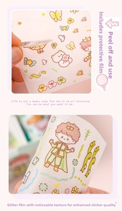 Macro shot of glitter film stickers featuring hand-drawn bears and pre-cut shapes