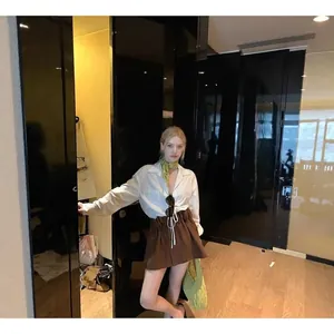 Women's white long sleeve shirt paired with a brown high-waist pleated wool blend skirt